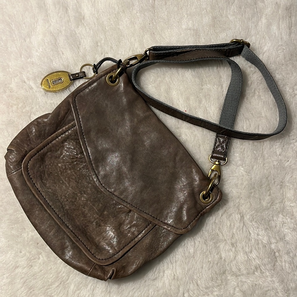 FOSSIL long live vintage grey brown olive distressed flap crossbody bag - Picture 1 of 15